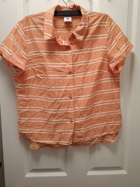 CAbi Boxy Flowy Resortwear Peach and White Striped Button-Down Shirt